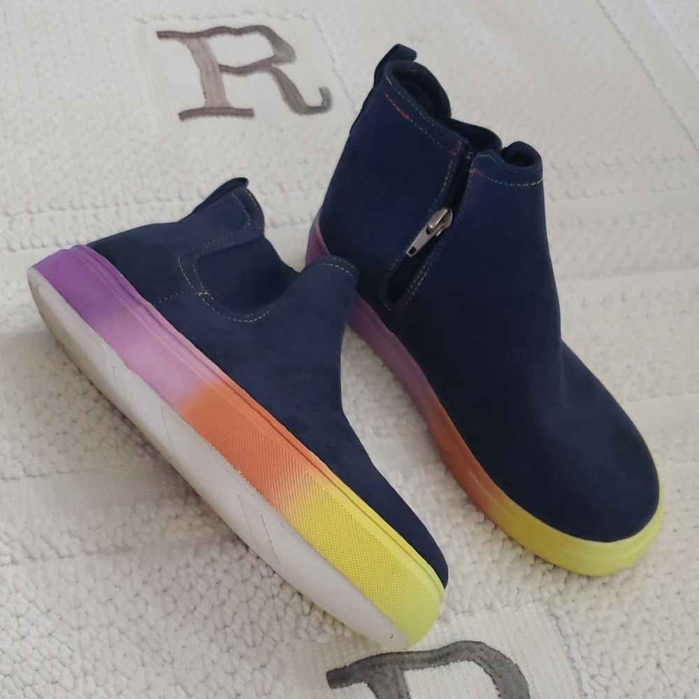 LANDS END Navy High-Top Sneakers with Rainbow Sole GIRLS Size 3